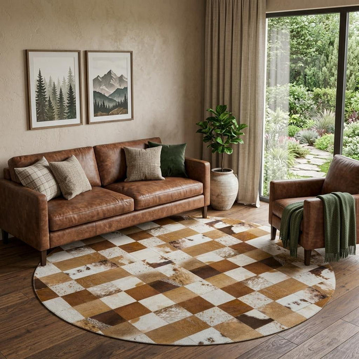 8' Patchwork Washable Round Rug With UV Protection (644727) - Brown / Ivory