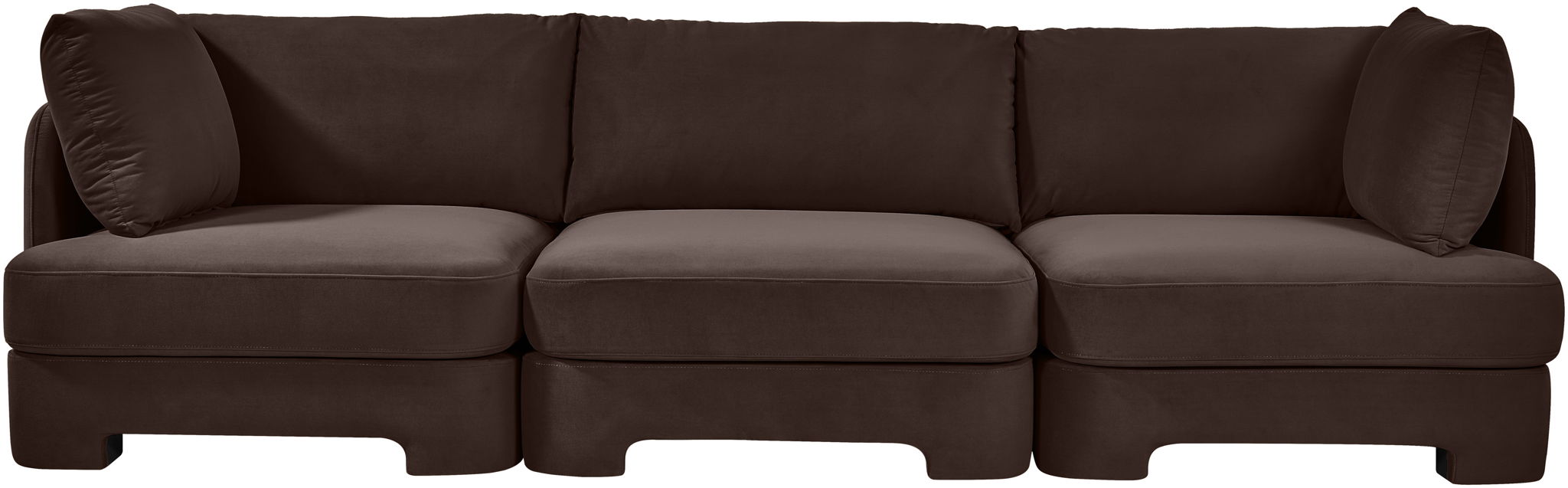 Meridian Furniture velvet performance fabric upholstered 3-piece stationary sectional sofa with plush cushions and modern design.