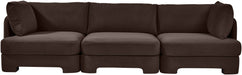 Meridian Furniture velvet performance fabric upholstered 3-piece stationary sectional sofa with plush cushions and modern design.