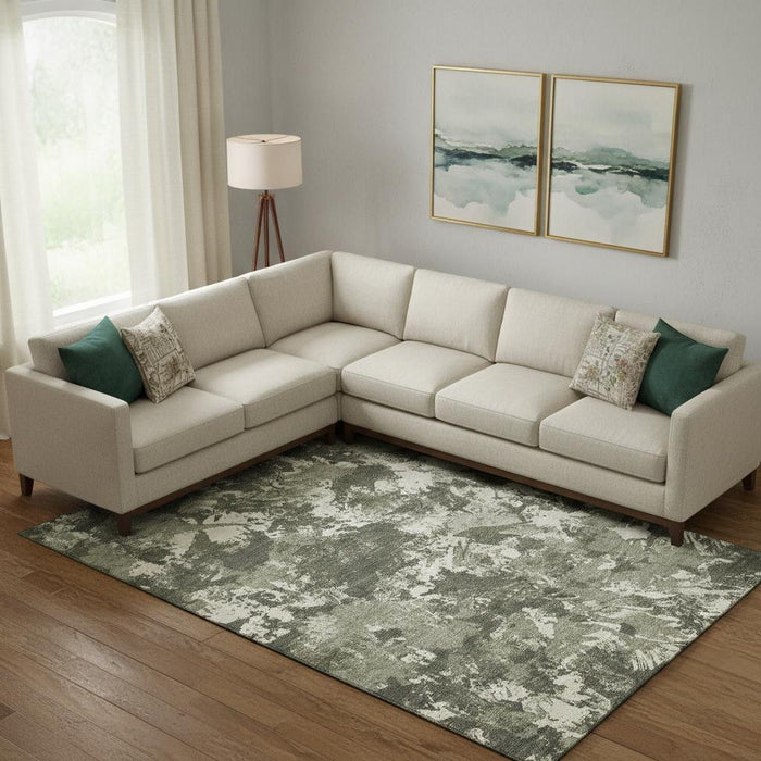 10' X 14' Floral Washable Area Rug With UV Protection (670357) - Olive Green / Beige / Ivory