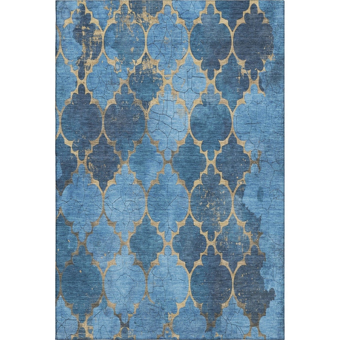 10' X 14' Damask Washable Area Rug With UV Protection (701281) - Blue / Gold