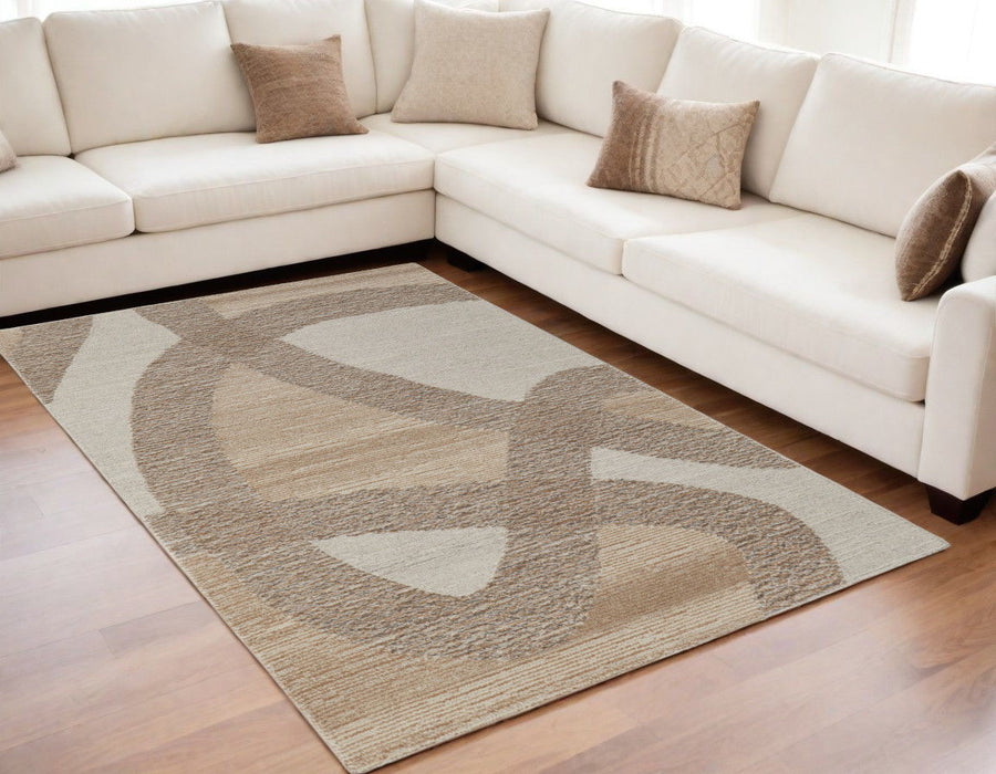 5' x 8' Bohemian Wool Abstract Hand Tufted Area Rug - Brown Tan And Ivory