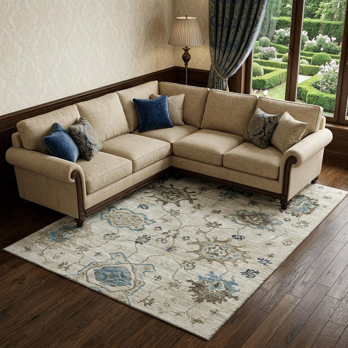 9' X 12' Floral Medallion Distressed Washable Area Rug With UV Protection (644609) - Blue / Ivory / Gray