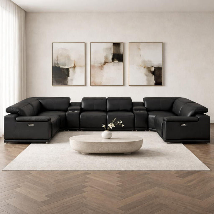 Leather Modular U Shaped Eight Piece Corner Sectional With Console - Black
