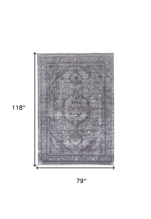 7' x 10' Oriental Power Loom Worn Faded Area Rug - Gray And Silver