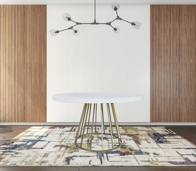 Concrete Pedestal Base Round Top Dining Table - White / Brass