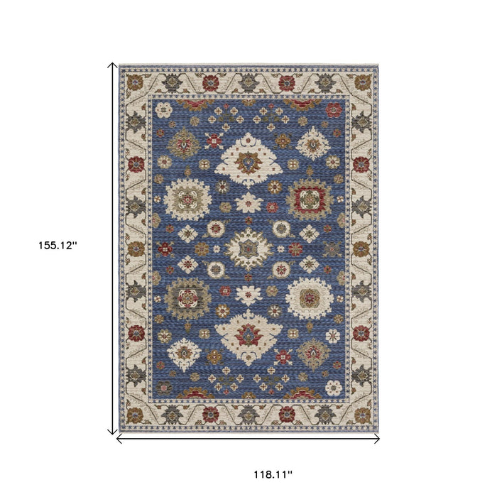 10' X 13' Floral Area Rug With Fringe - Blue And Ivory