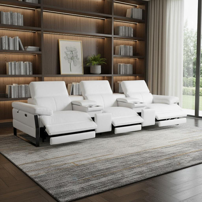 Top Grain Leather Reclining Metal USB Sofa (720344) - White