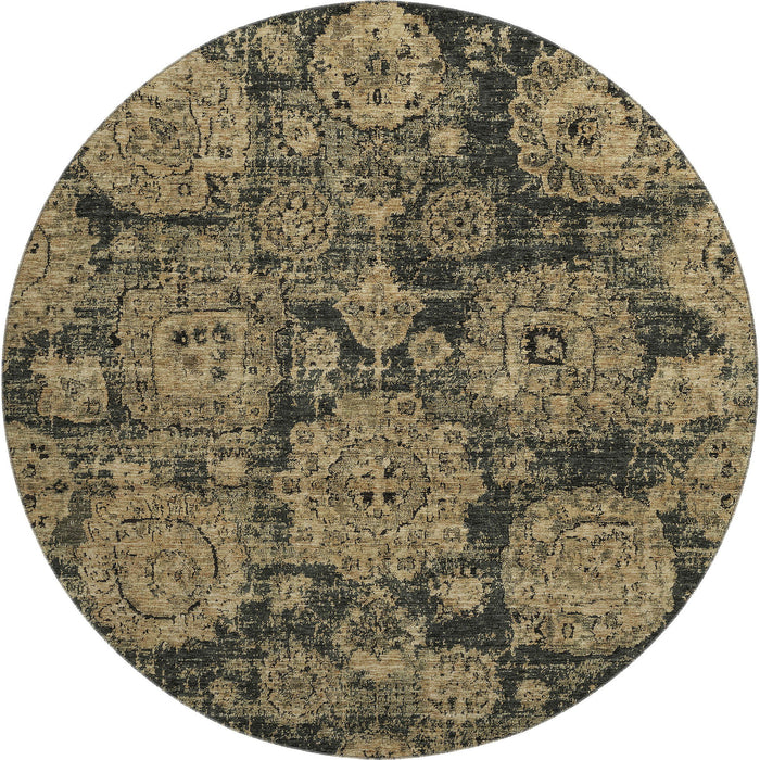 8' Floral Washable Round Rug With UV Protection (653191) - Charcoal / Brown