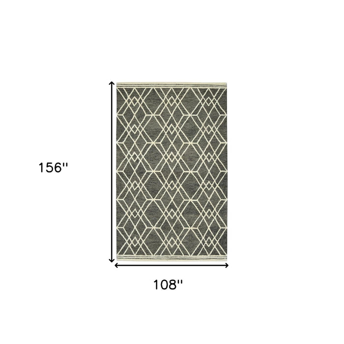 9' X 13' Wool Geometric Hand Hooked Area Rug - Dark Gray And Ivory
