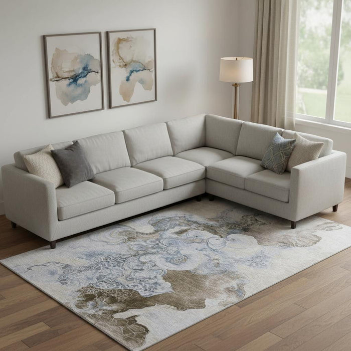 10' X 14' Abstract Washable Area Rug With UV Protection (706121) - Taupe / Blue / Ivory