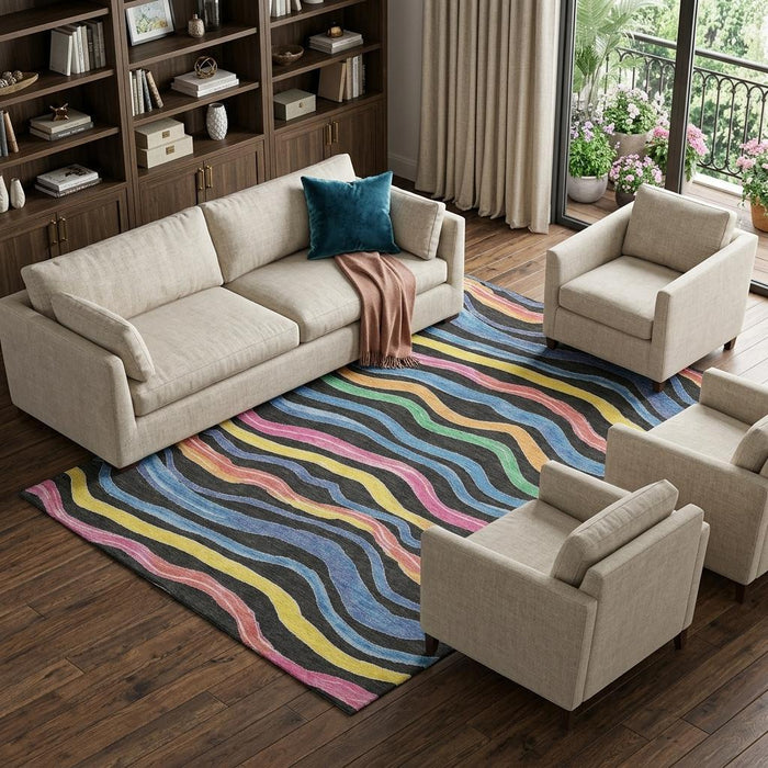 10' X 14' Striped Washable Area Rug With UV Protection (694550) - Black / Yellow / Blue / Pink