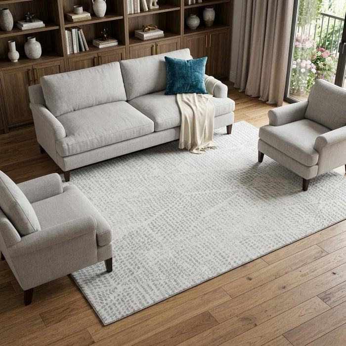 9' X 12' Diamond Washable Area Rug With UV Protection (650613) - Silver / Ivory