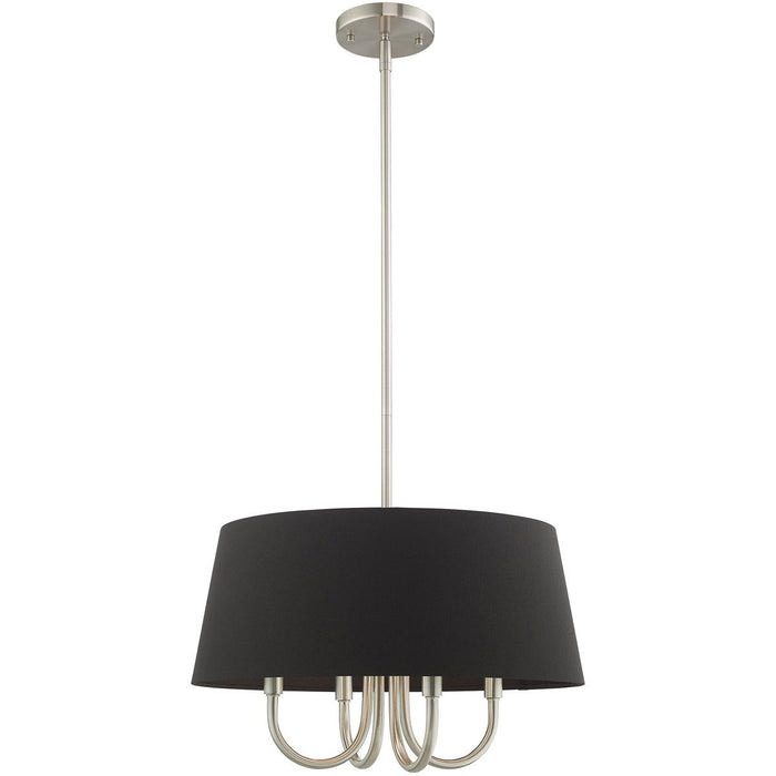 HomeRoots 20-inch four-light dimmable chandelier with pearl silver shades and nickel finish, elegant lighting fixture for modern interiors.