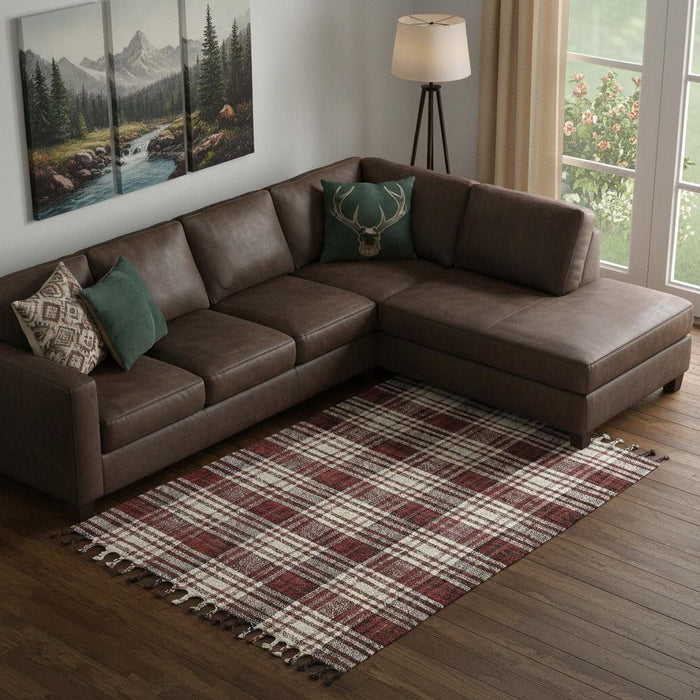 8' X 10' Jute Plaid Hand Woven Area Rug With Fringe (570629) - Brick Red / Black / Ivory