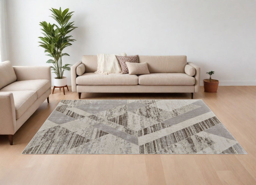 12' x 15' Geometric Power Loom Area Rug - Ivory Gray And Brown