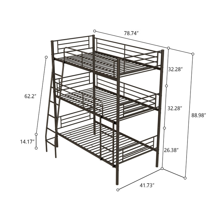 Black Giga twin size metal triple bunk bed for bedrooms and dormitories, convertible into three separate beds, shown assembled.