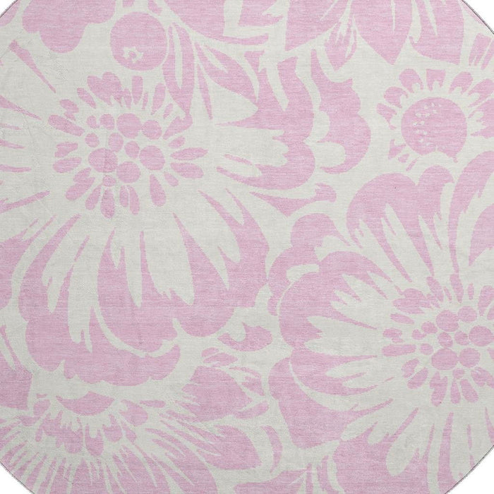 8' Floral Washable Round Rug With UV Protection (648685) - Pink / Ivory