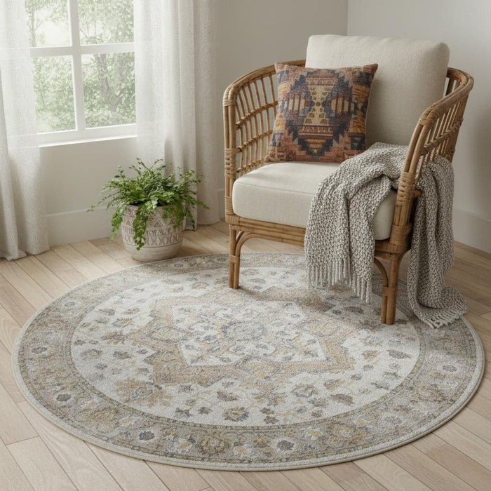 5' Floral Medallion Washable Round Rug (546932) - Beige / Gray