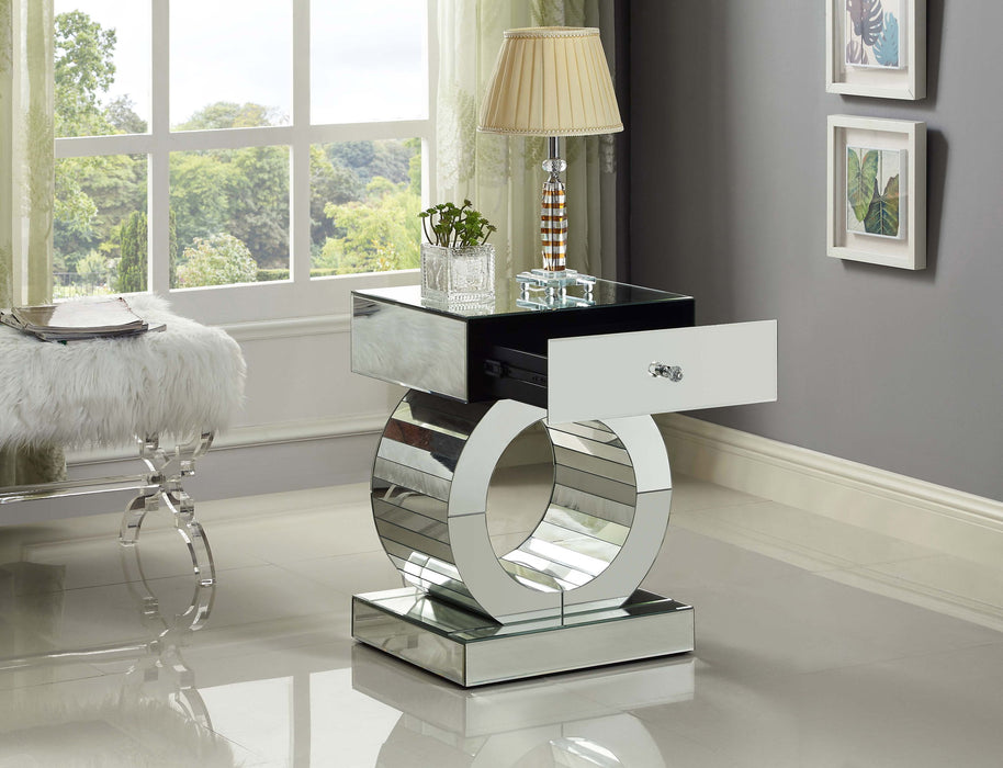 Pearl silver Jocelyn end table by Meridian Furniture with a sleek, modern design and smooth finish.
