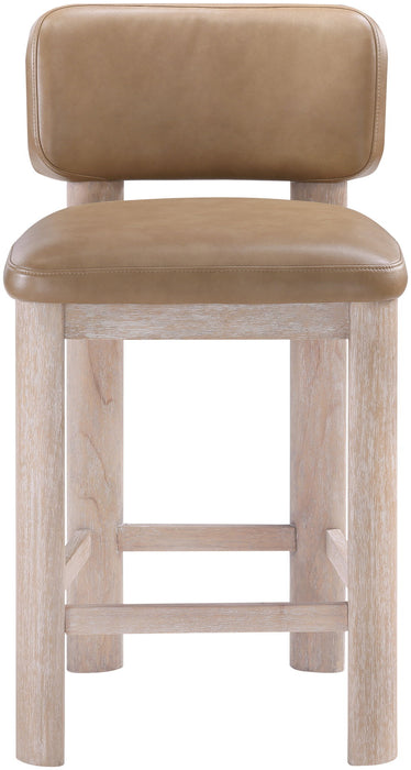 Set of two Meridian Furniture Paloma vegan leather counter stools with tan upholstery and natural wooden legs, stylish and comfortable seating.