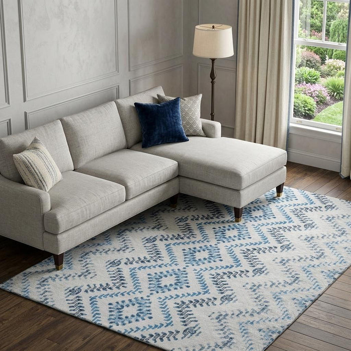 10' X 14' Geometric Washable Area Rug With UV Protection (656106) - Blue / Ivory