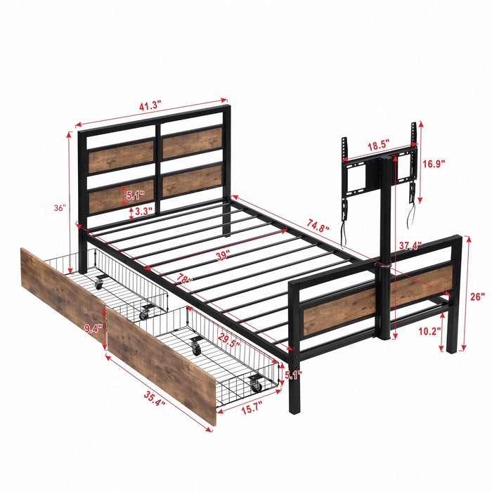 Black Giga twin size storage bed with headboard, footboard, two drawers, and a rotatable TV stand.
