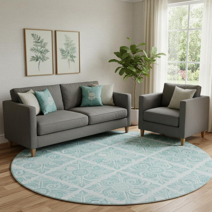 8' Medallion Washable Round Rug With UV Protection (667804) - Turquoise / Ivory