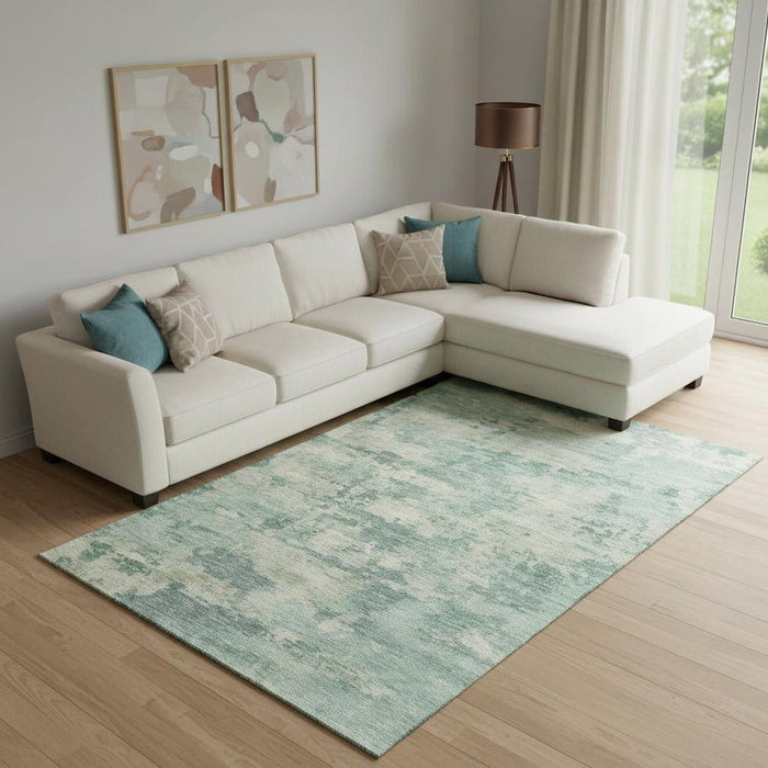 10' X 14' Abstract Washable Area Rug With UV Protection (717176) - Teal / Linen