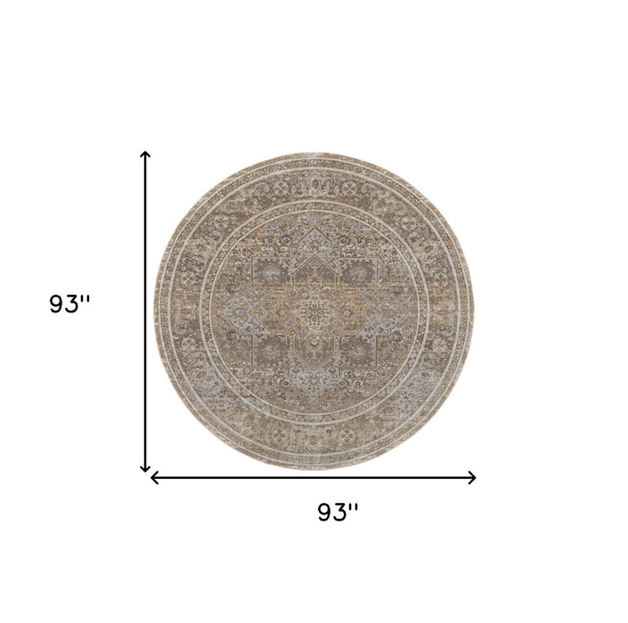 8' Round Medallion Power Loom Distressed Area Rug - Brown And Ivory