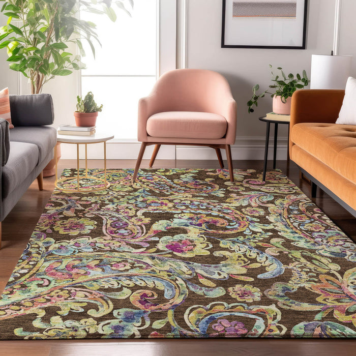 10' X 14' Paisley Washable Area Rug With UV Protection - Chocolate