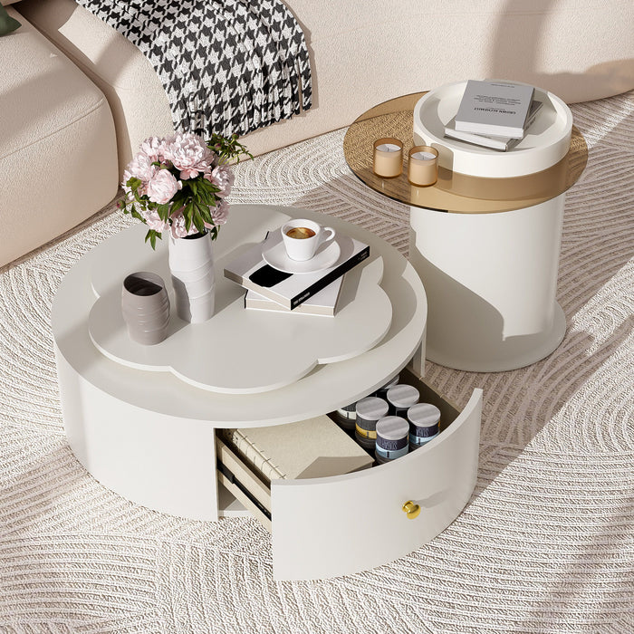 Set of 2 Giga modern round coffee tables with flower-shaped tops, glass surfaces, drawers, and off-white finish for living room.