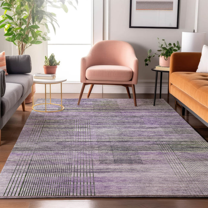 10' X 14' Striped Washable Area Rug With UV Protection - Purple And Gray