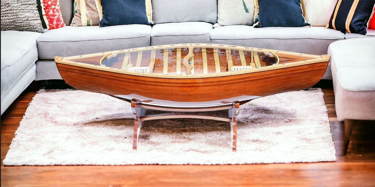 Solid Wood And Glass Canoe Coffee Table - Natural