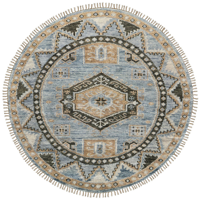8' Wool Oriental Hand Knotted Round Rug With Fringe - Blue Green And Tan