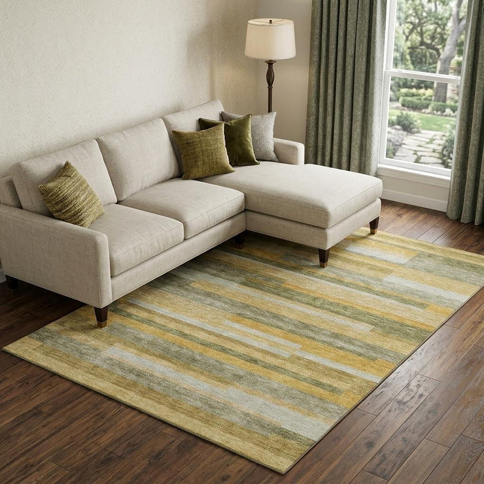 10' X 14' Striped Washable Area Rug With UV Protection (675780) - Amber / Ivory / Gray