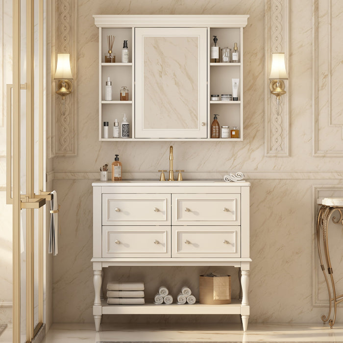 Giga bathroom vanity with medicine cabinet, four-drawer storage, adjustable shelf, and mirror for modern bathroom organization.