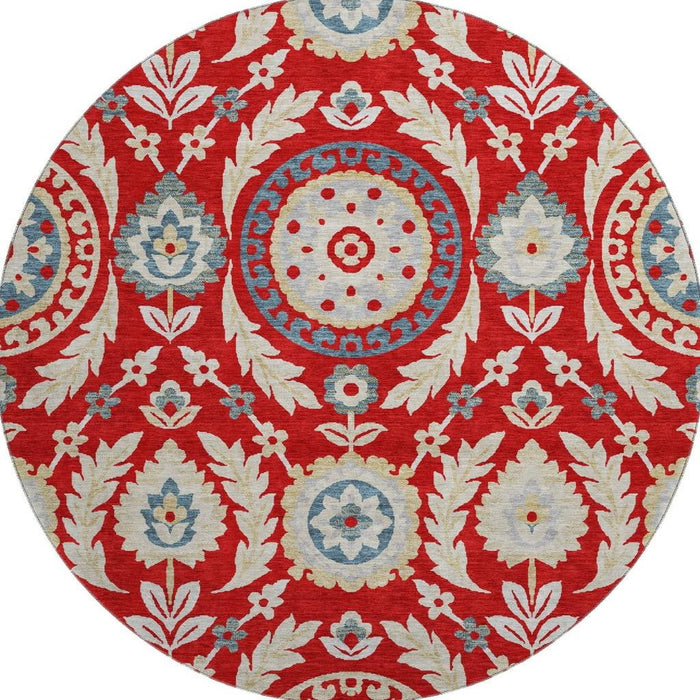 8' Floral Washable Round Rug With UV Protection - Red