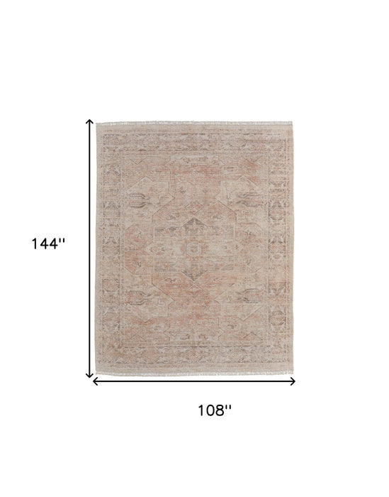 9' X 12' Oriental Hand Woven Distressed Area Rug With Fringe - Tan