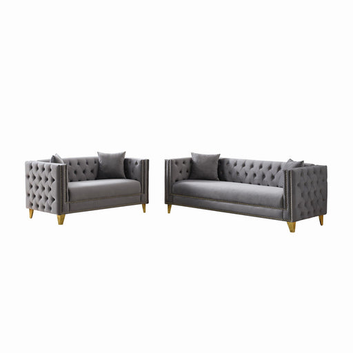 Giga deep seat sofa with button nailhead accents, square arms, and a sturdy stationary design, ideal for modern living rooms.