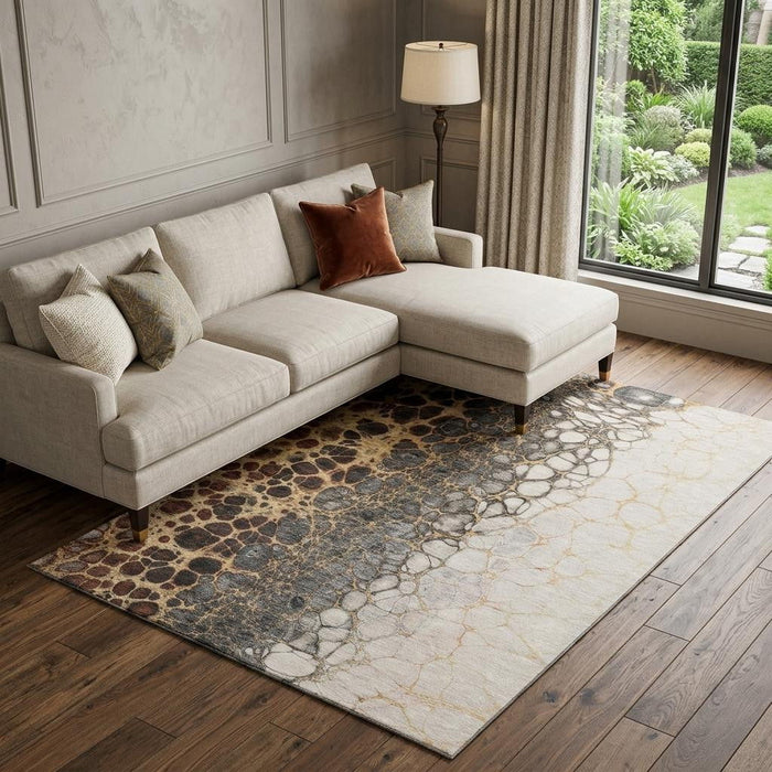 10' X 14' Abstract Distressed Washable Area Rug With UV Protection (657077) - Ivory / Gray / Gold