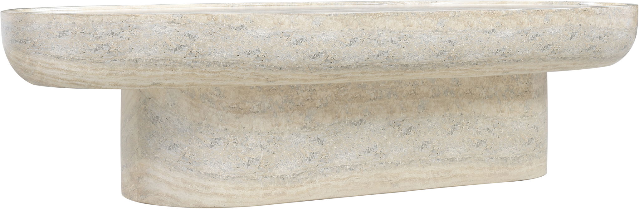 Indoor/outdoor Meridian Furniture Tivoli coffee table with travertine concrete top and sturdy metal legs, suitable for patio or living room.