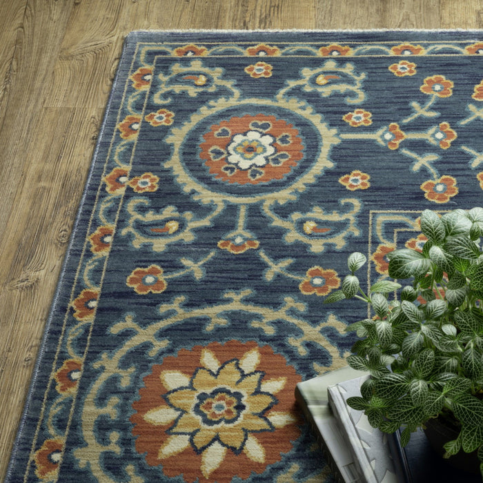 8' X 11' Medallion Area Rug With Fringe - Blue And Rust