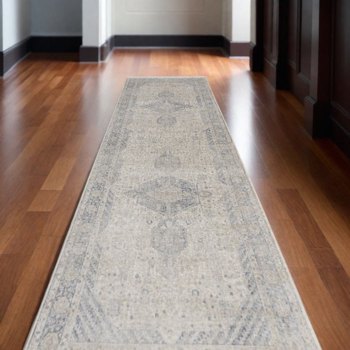 10' Oriental Power Loom Runner Rug With Fringe - Gray Blue And Taupe