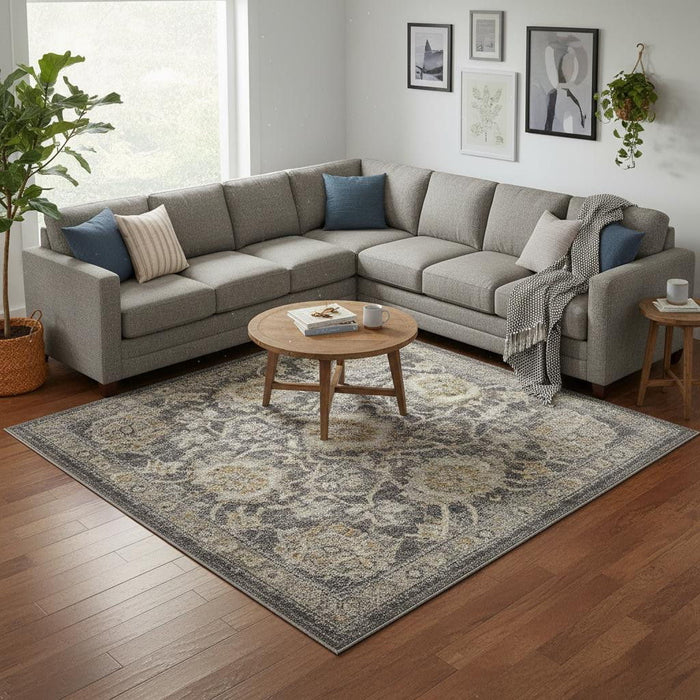10' X 14' Floral Distressed Area Rug (573733) - Gray