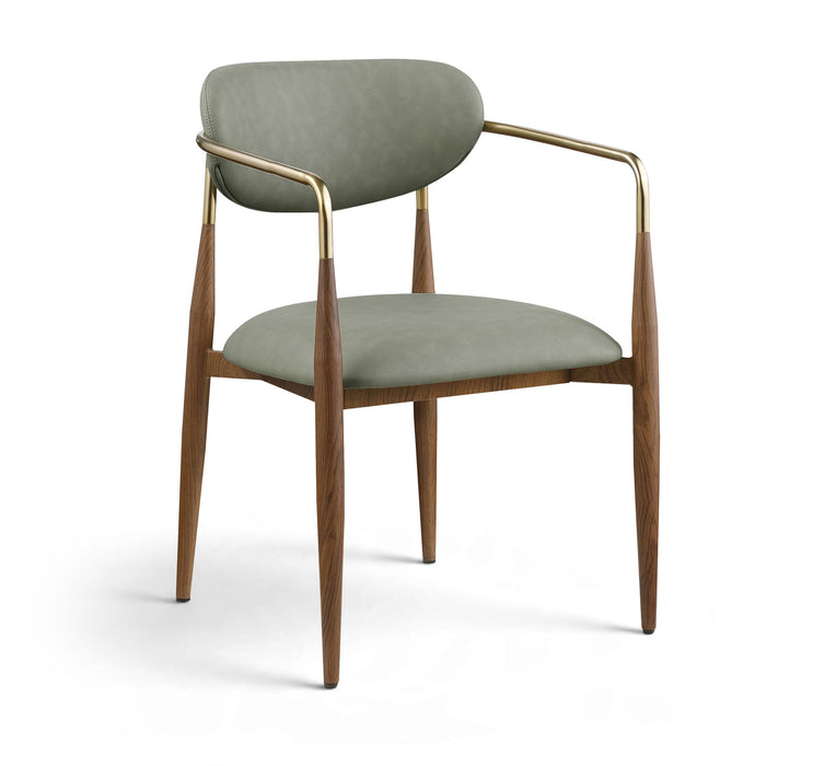 Vegan leather upholstered dining arm chair with walnut wooden legs by Meridian Furniture, showcasing a modern, comfortable design.