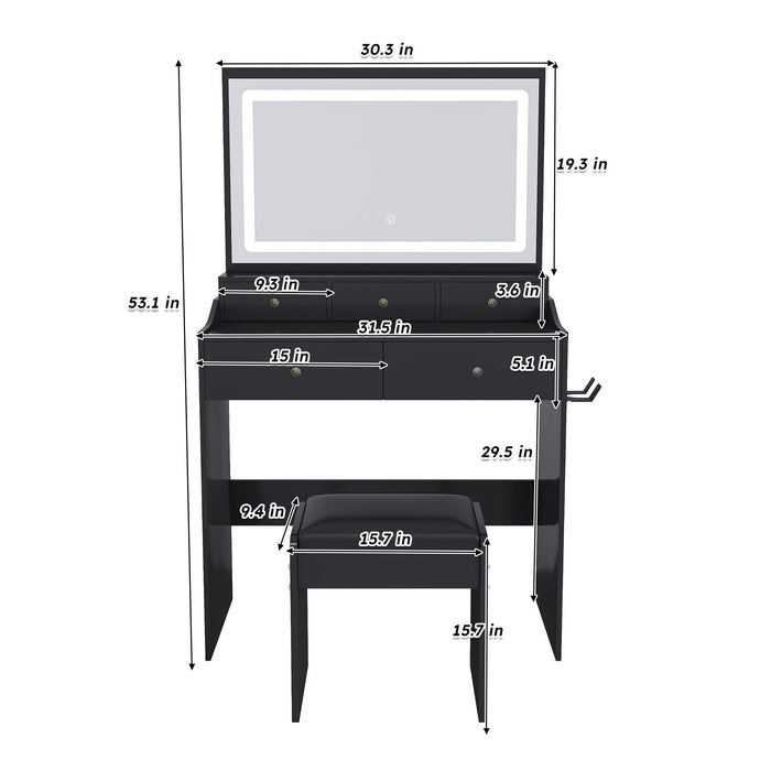 Giga modern makeup vanity set with adjustable lighting, power outlet, and hair dryer holder, featuring sleek mirror and storage.