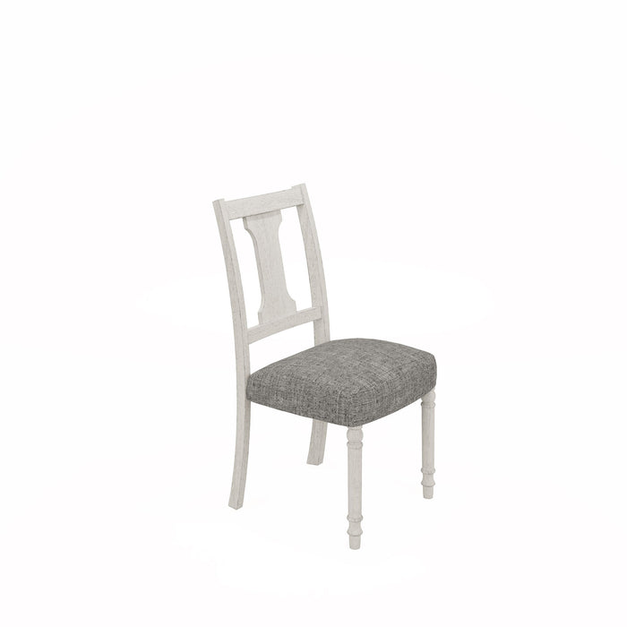 Set of two Giga Tannen dining side chairs in white and gray with modern design, featuring cushioned seats and sleek metal legs.