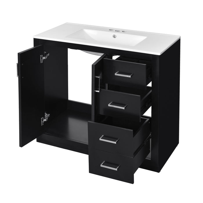 Giga bathroom vanity with sink, storage cabinet, three drawers, and soft-closing doors, freestanding design for modern bathrooms.