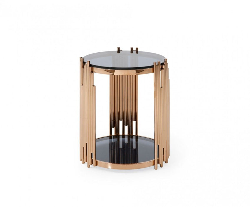 Glass and stainless steel round end table with shelf in rose gold and black, featuring a modern design and sleek finish.